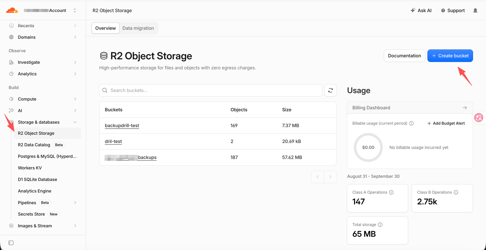 Cloudflare dashboard, R2 Object Storage overview with the left-nav entry and the Create bucket button marked