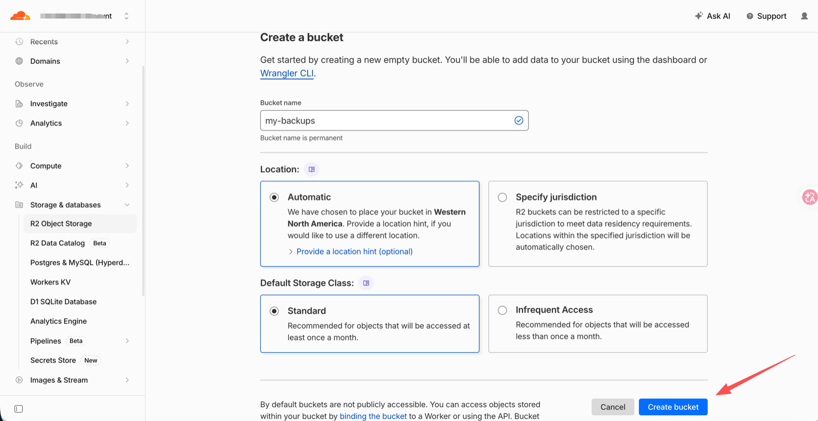 Create a bucket form with the name my-backups, Automatic location, Standard storage class, and the Create bucket button marked