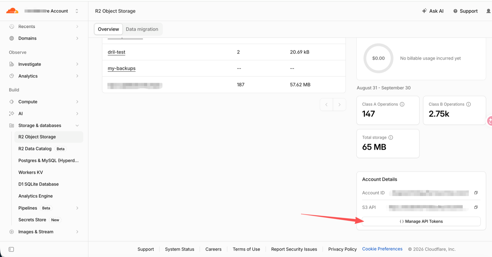 R2 overview scrolled to the Account Details panel with the Manage API Tokens button marked