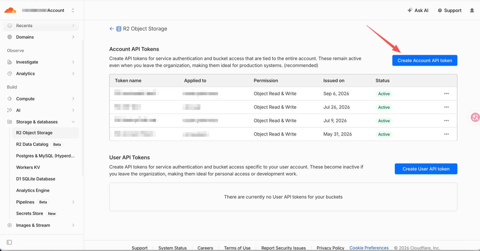 Account API Tokens page with the Create Account API token button marked