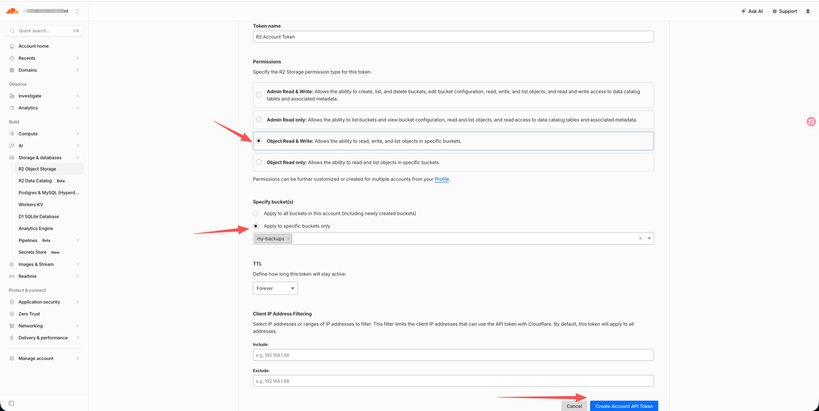 Create token form with Object Read and Write selected, the my-backups bucket chosen under specific buckets, and the Create Account API Token button marked